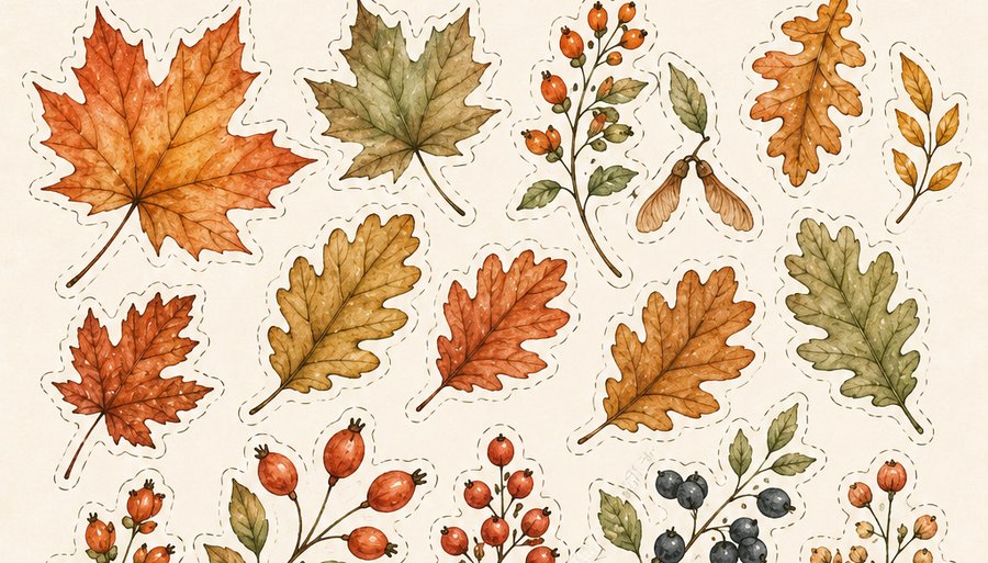Preview of the free Autumn Ephemera printable pack — leaves, berries and botanical stickers